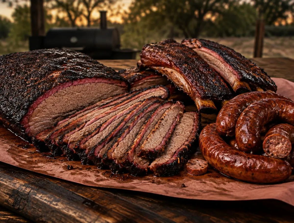 Sliced smoked brisket, ribs and sausage