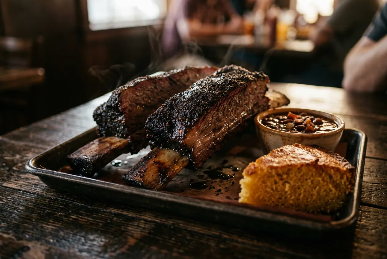 Smoked beef dino ribs dinner with baked beans and cornbread