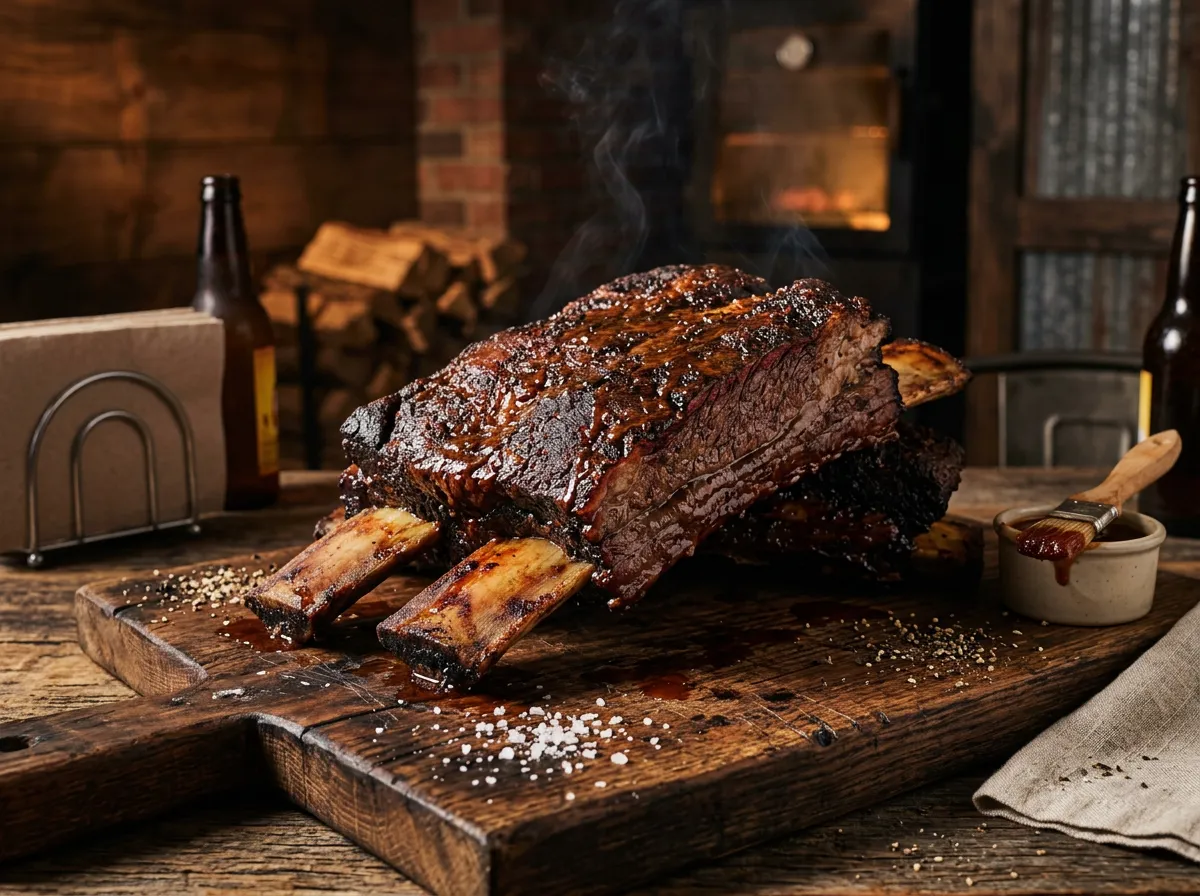 Giant smoked beef dino ribs on a wooden cutting board