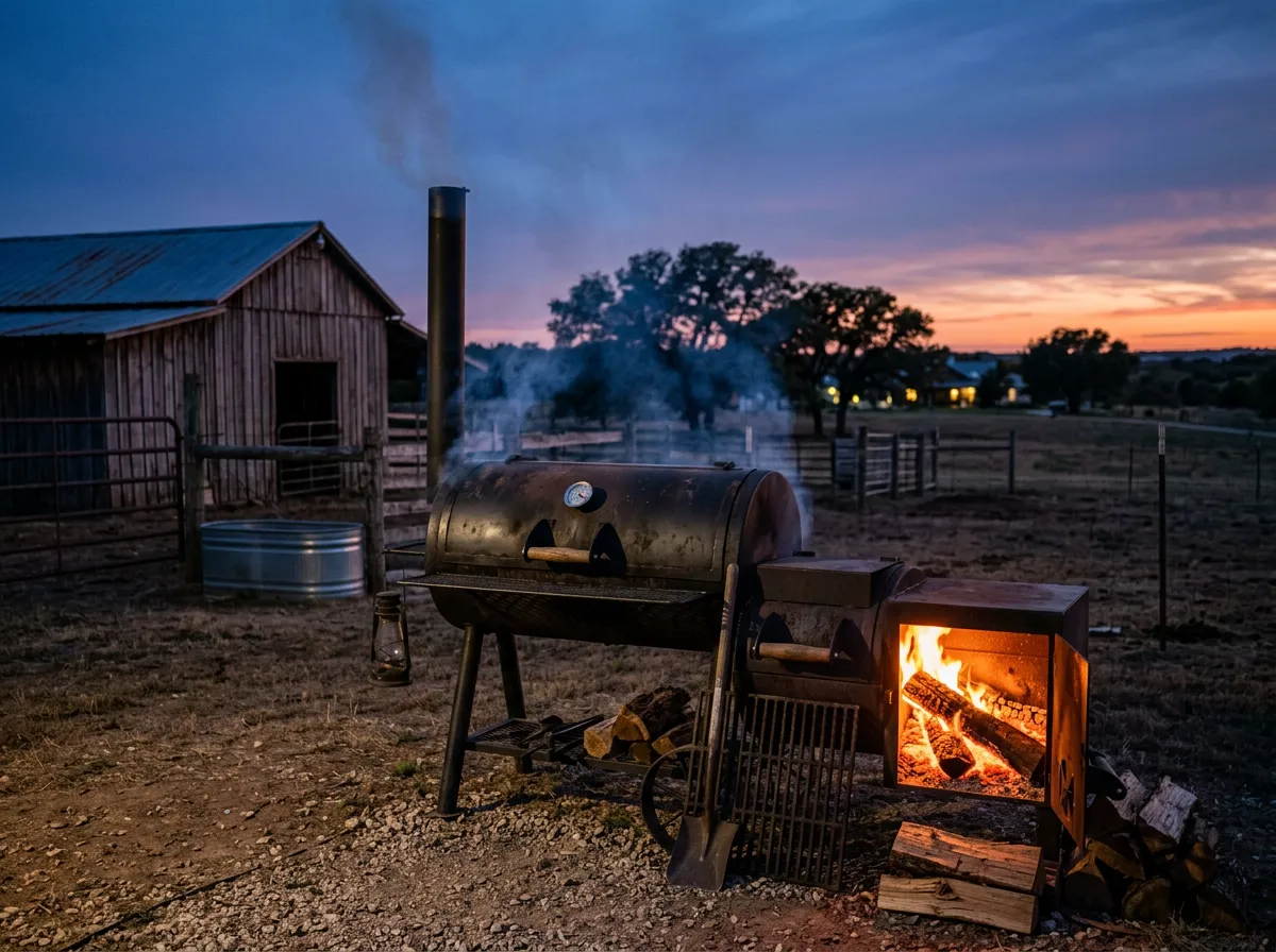 Offset smoker with glowing firebox at dusk